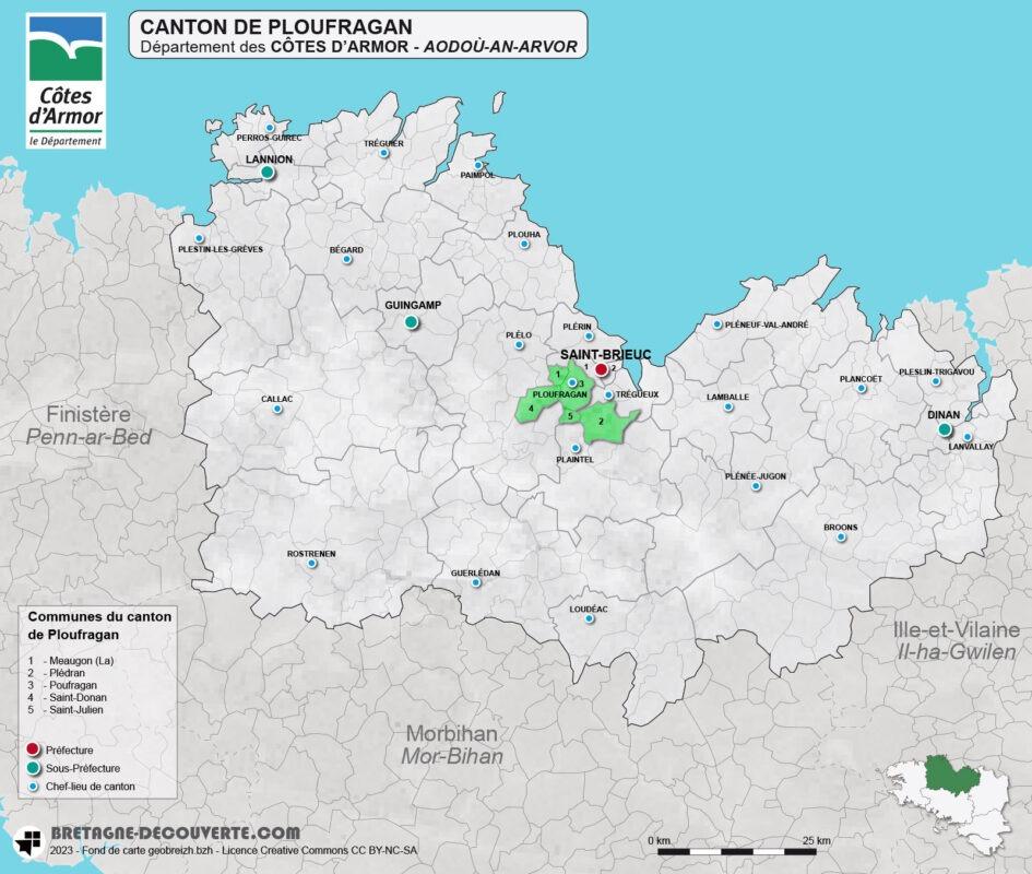 Carte du canton de Ploufragan dans les Côtes d'Armor