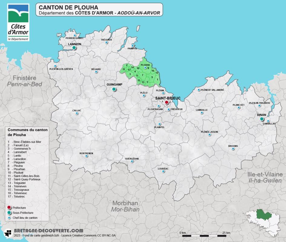 Carte du canton de Plouha dans les Côtes d'Armor