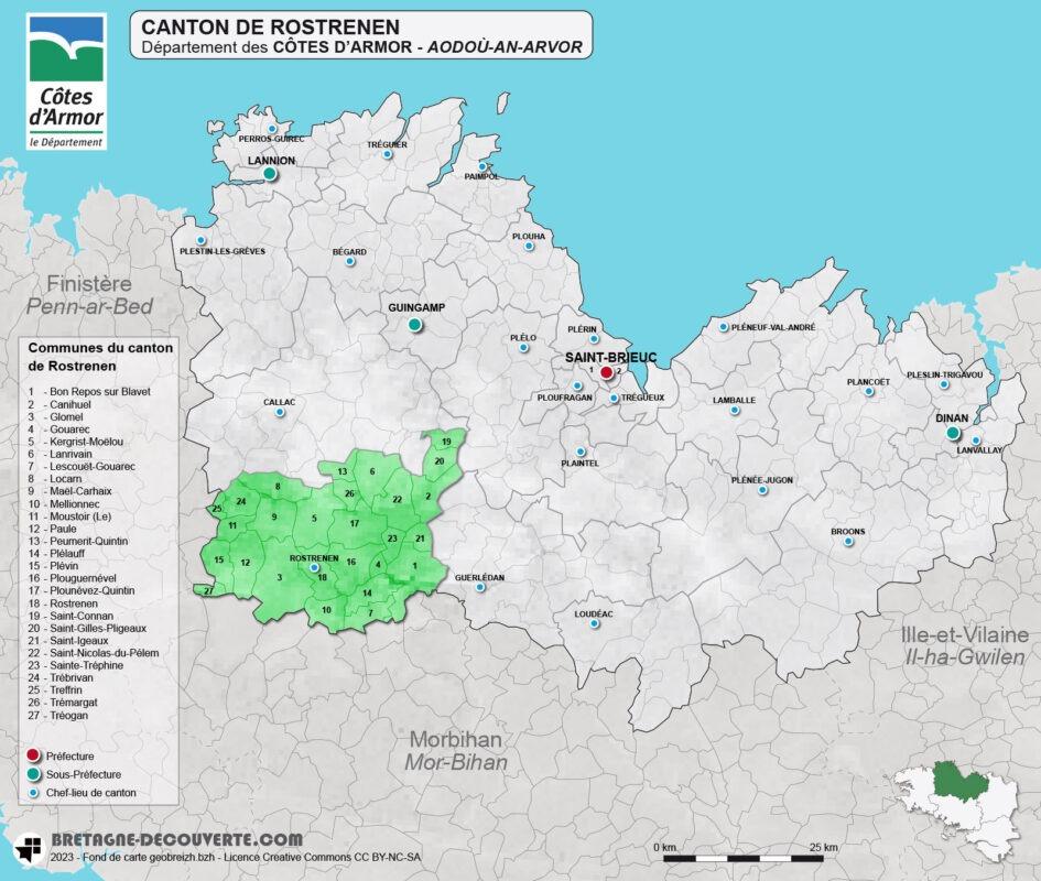 Carte du canton de Rostrenen dans les Côtes d'Armor