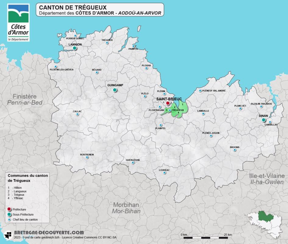 Carte du canton de Trégueux dans les Côtes d'Armor