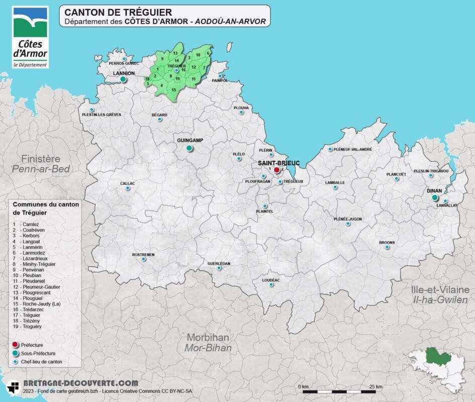 Carte du canton de Tréguier dans les Côtes d'Armor