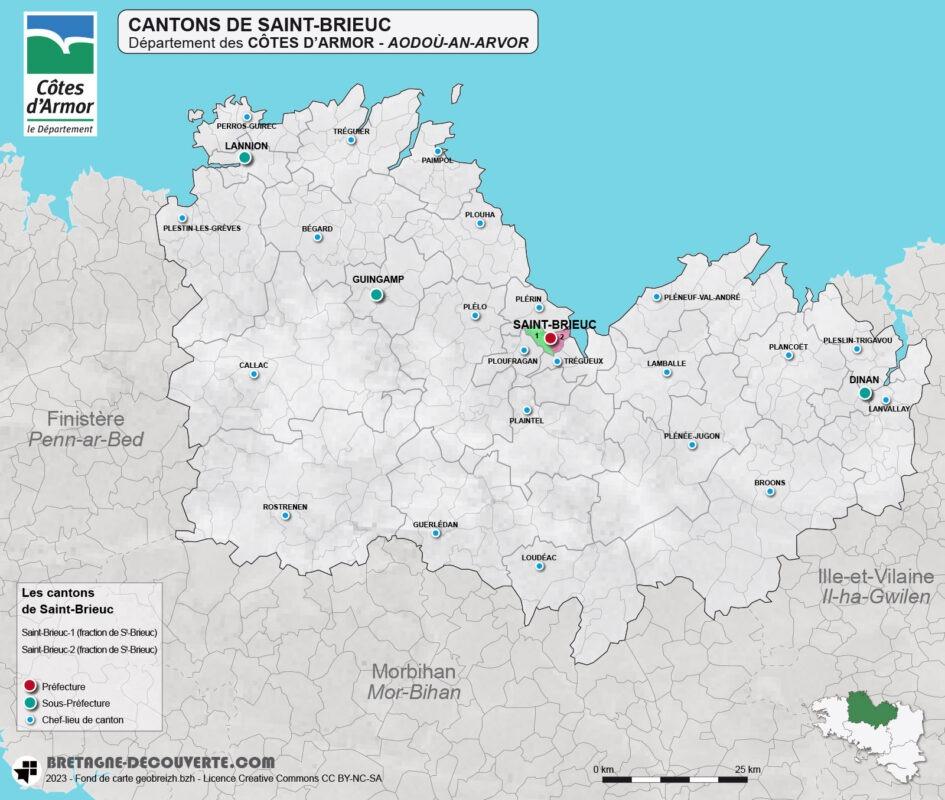 Carte des cantons de la métropole de Saint-Brieuc dans les Côtes d'Armor
