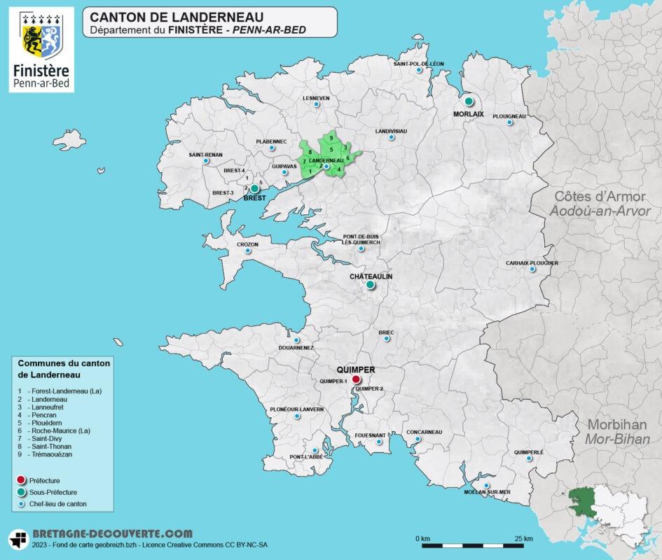 Carte du canton de Landerneau dans le Finistère.
