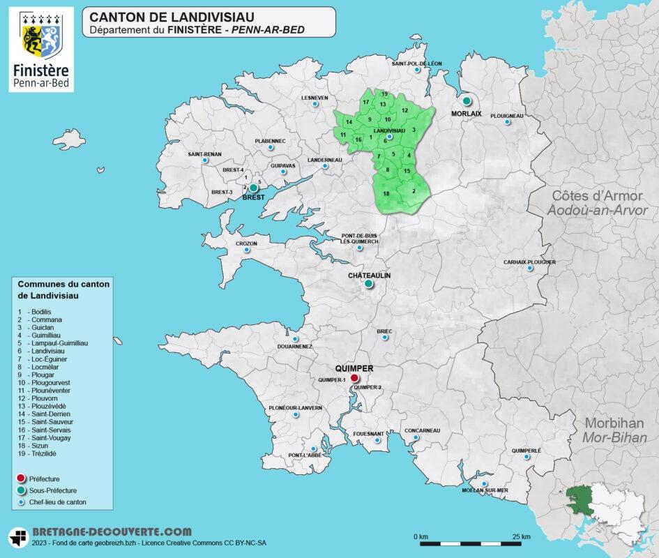 Carte du canton de Landivisiau dans le Finistère.