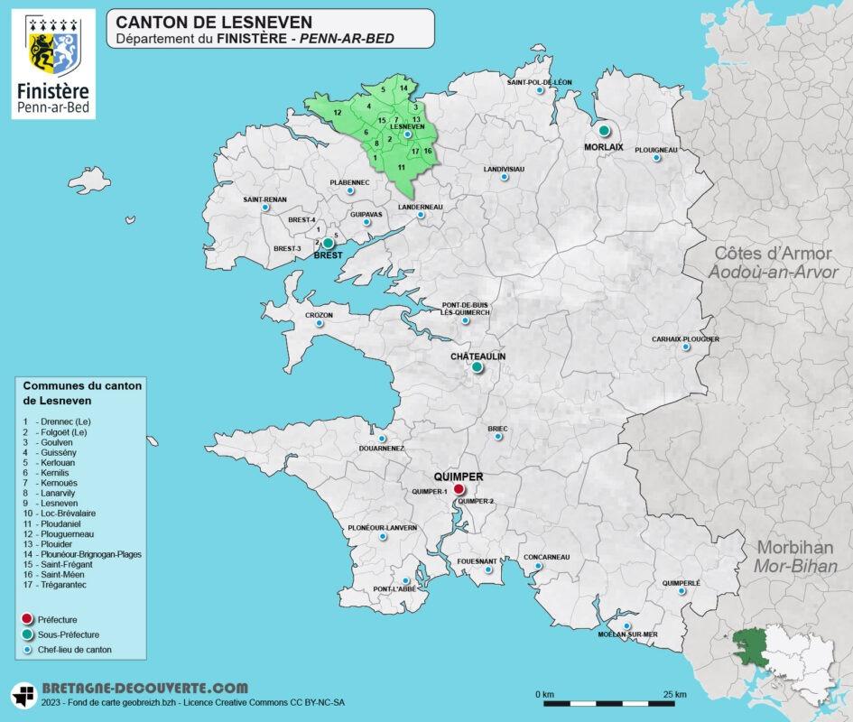 Carte du canton de Lesneven dans le Finistère.