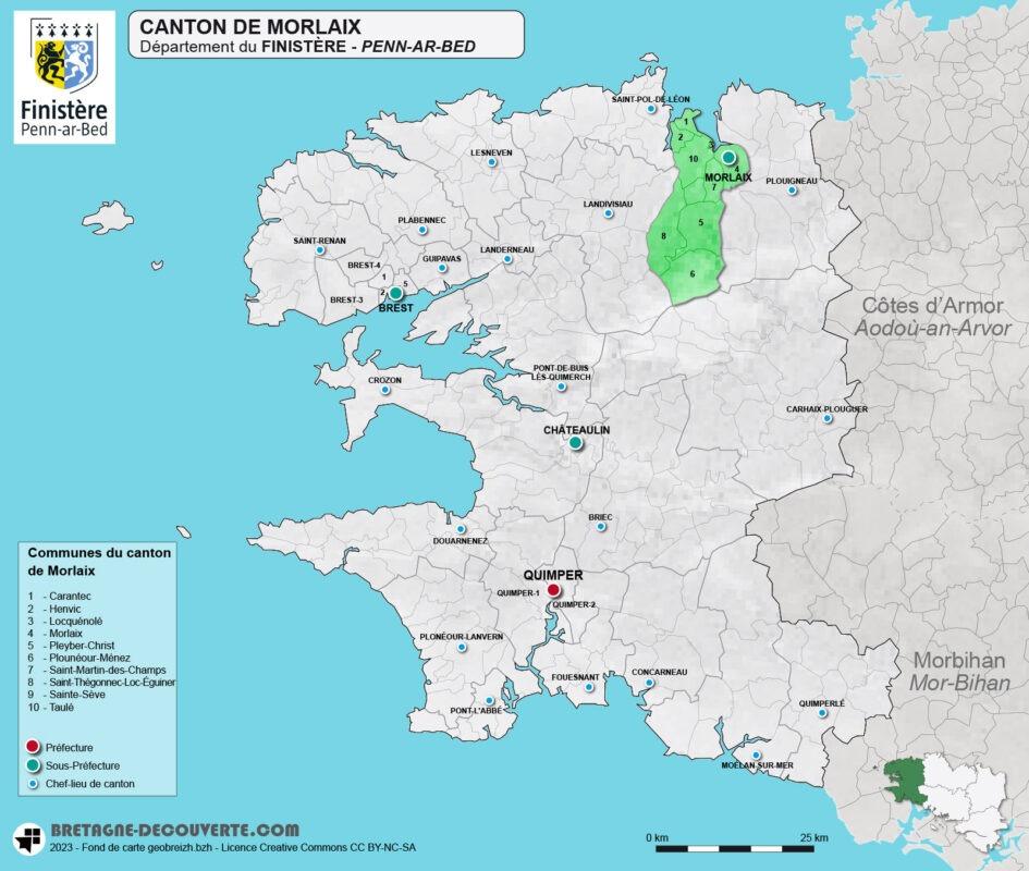 Carte du canton de Morlaix dans le Finistère.
