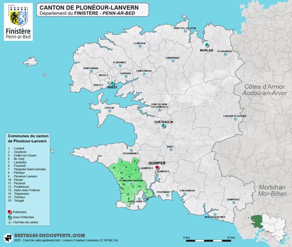 Carte du canton de Plonéour-Lanvern dans le Finistère.
