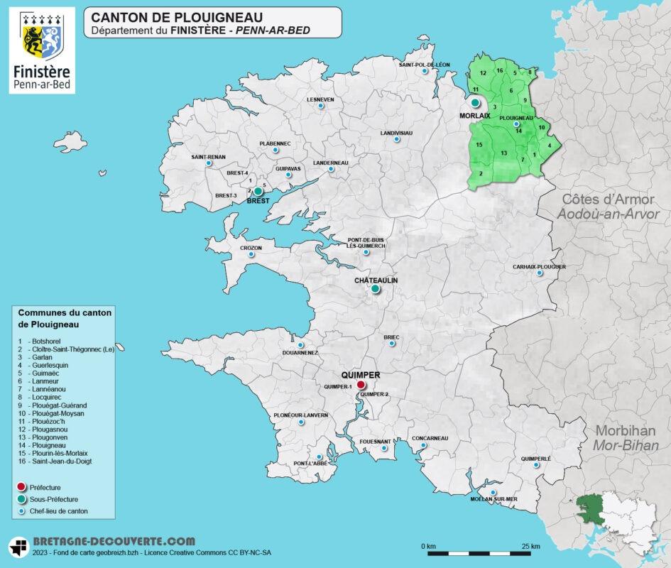 Carte du canton de Plouigneau dans le Finistère.