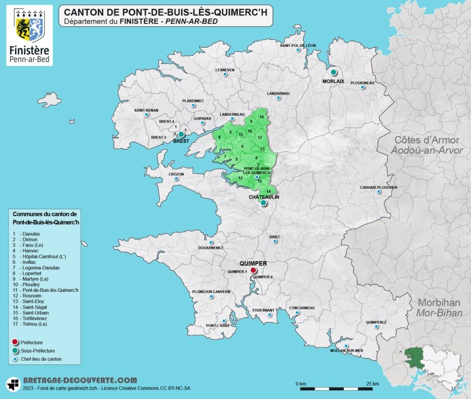 Carte du canton de Pont-de-Buis-lès-Quimerc'h dans le Finistère.