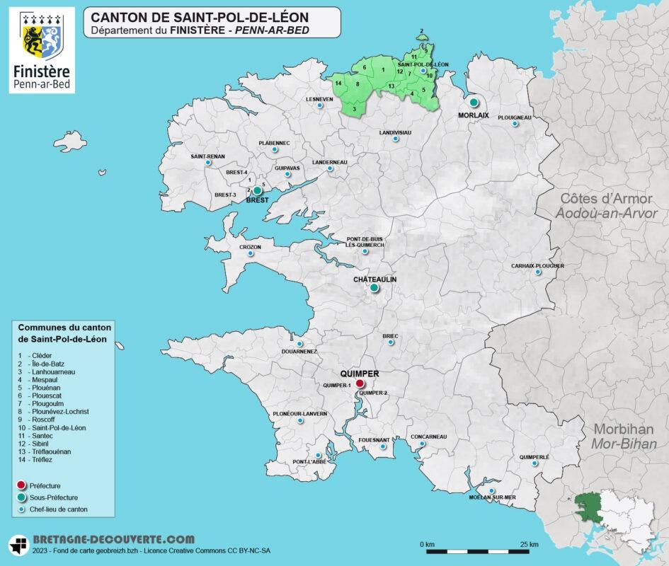 Carte du canton de Saint-Pol-de-Léon dans le Finistère.