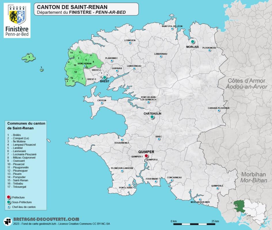 Carte du canton de Saint-Renan dans le Finistère.