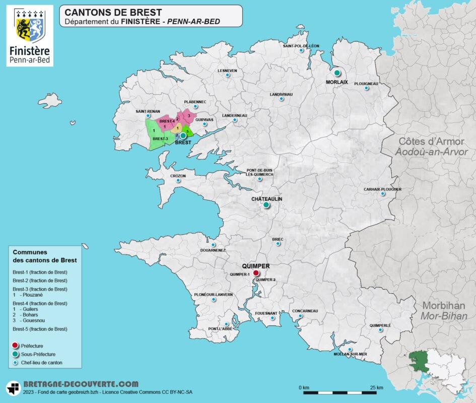 Carte des cantons de la métropole brestoise dans le Finistère.