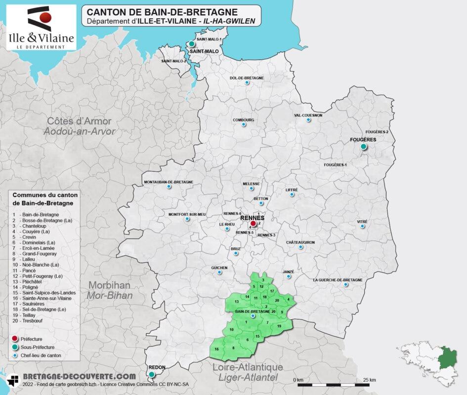 Carte du canton de Bain-de-Bretagne dans le Morbihan