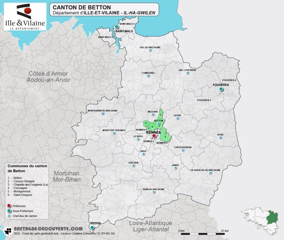 Carte du canton de Betton dans le Morbihan