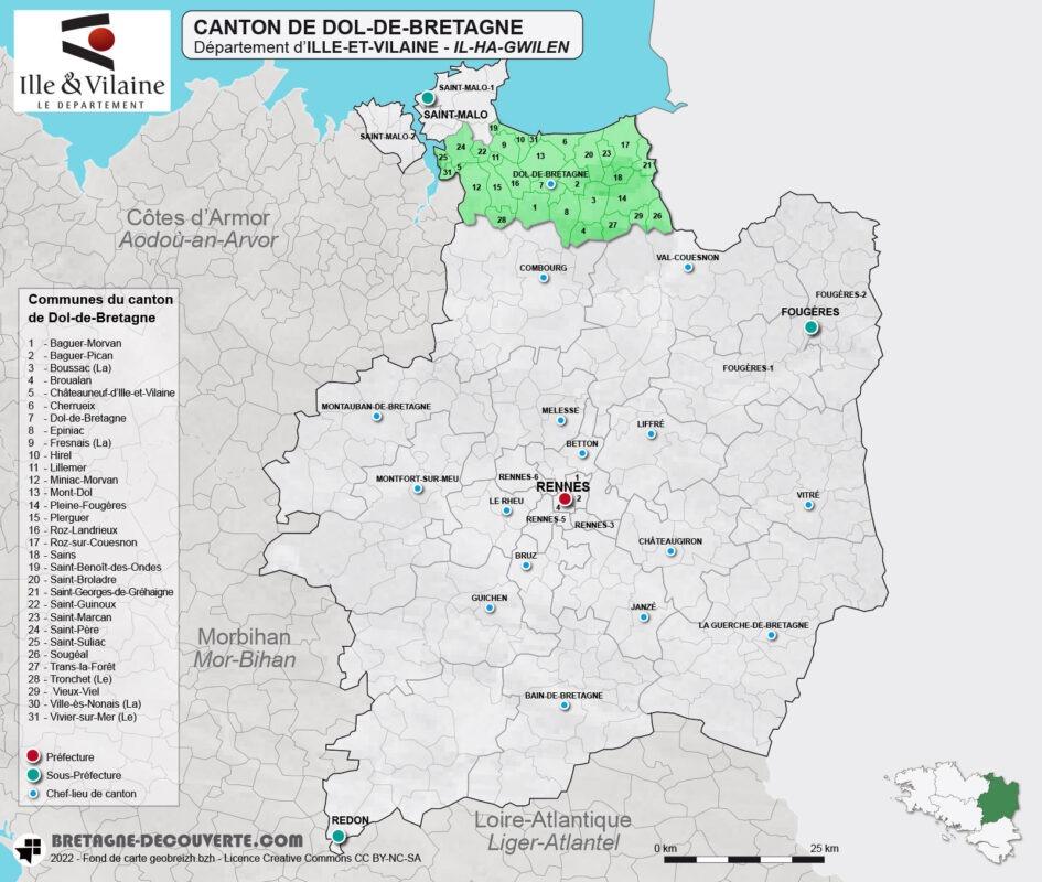 Carte du canton de Dol-de-Bretagne en Ille-et-Vilaine