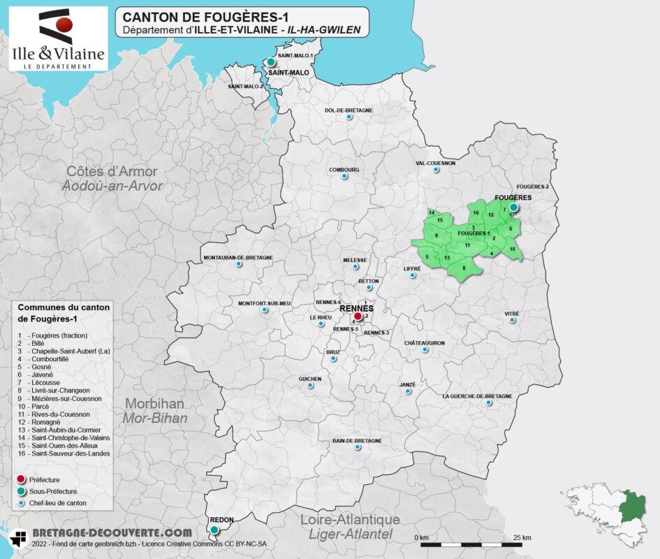 Carte du canton de Fougères-1 en Ille-et-Vilaine