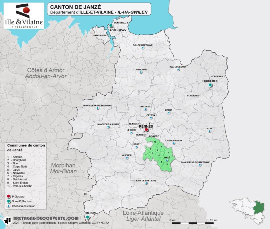 Carte du canton de Janzé en Ille-et-Vilaine