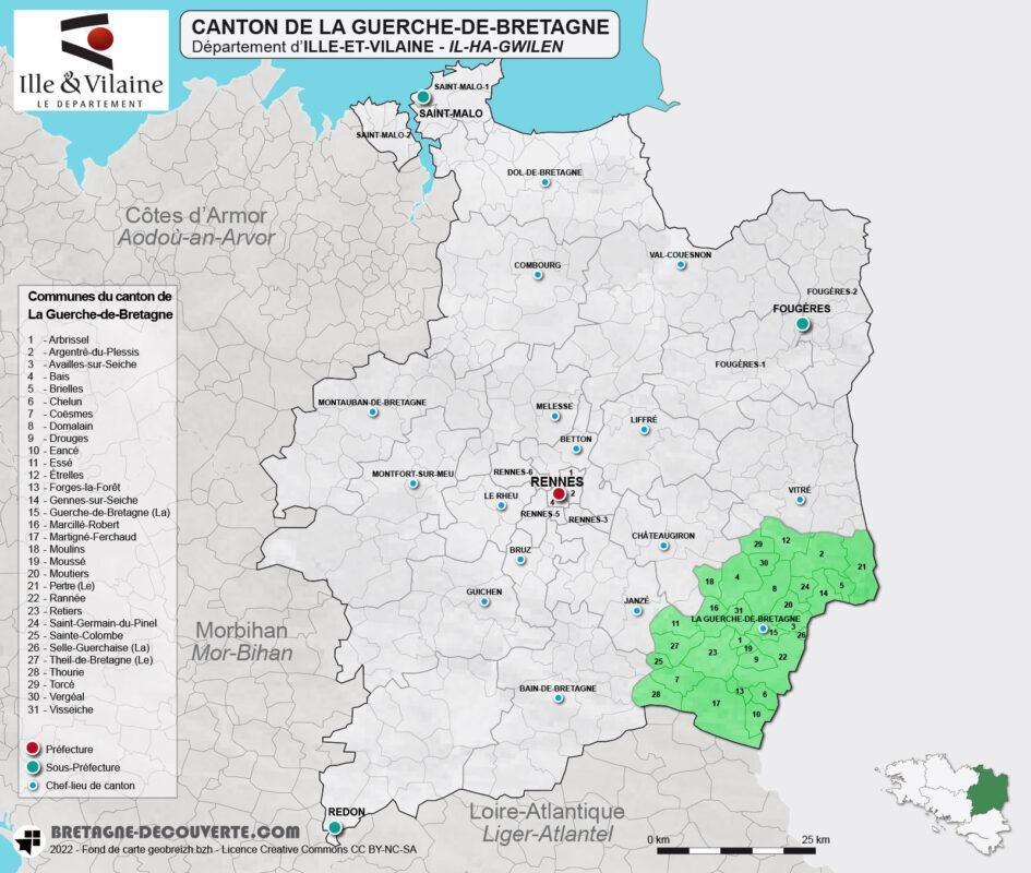 Carte du canton de La Guerche-de-Bretagne en Ille-et-Vilaine