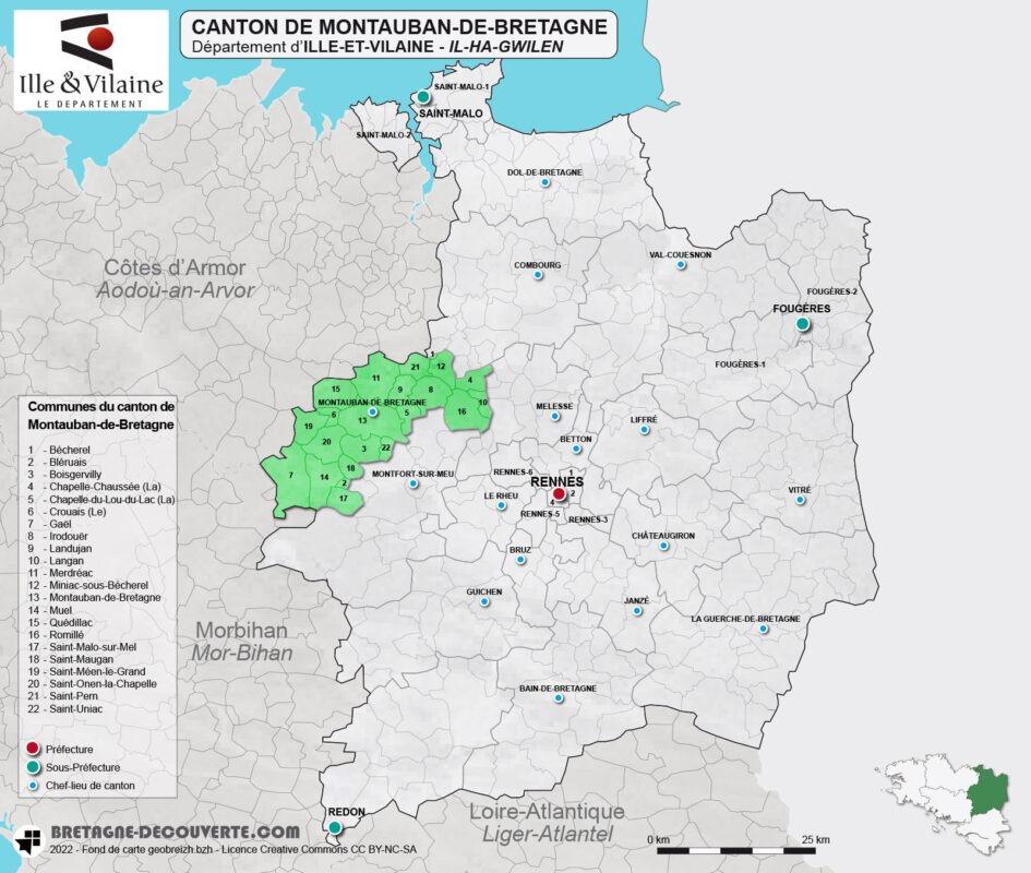 Carte du canton de Montauban-de-Bretagne en Ille-et-Vilaine