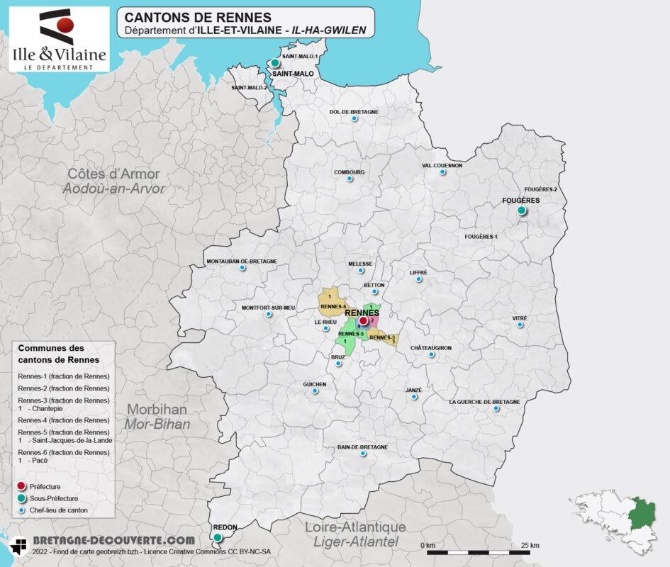 Cantons de la métropole de Rennes dans le département d'Ille-et-Vilaine