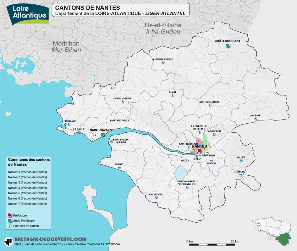 Carte des cantons de la ville de Nantes dans le département de la Loire-Atlantique