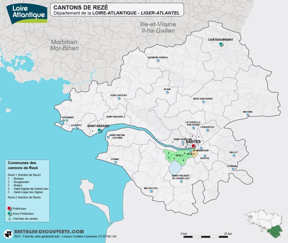 Carte des cantons de la ville de Rezé dans le département de la Loire-Atlantique