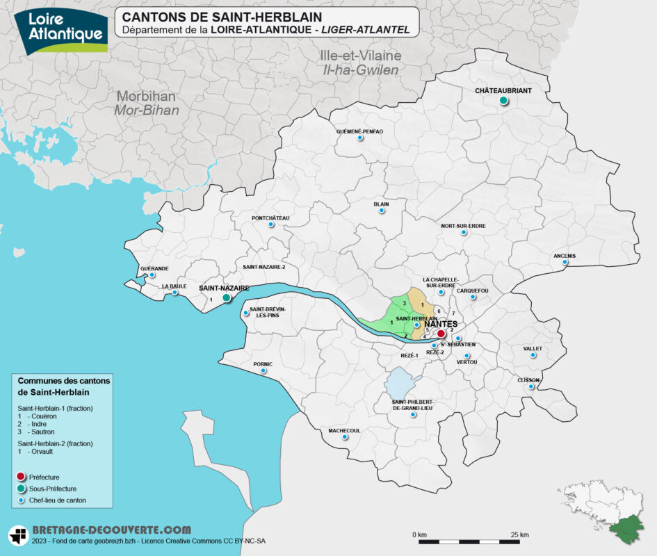 Carte des cantons de la ville de Saint-Herblain dans le département de la Loire-Atlantique