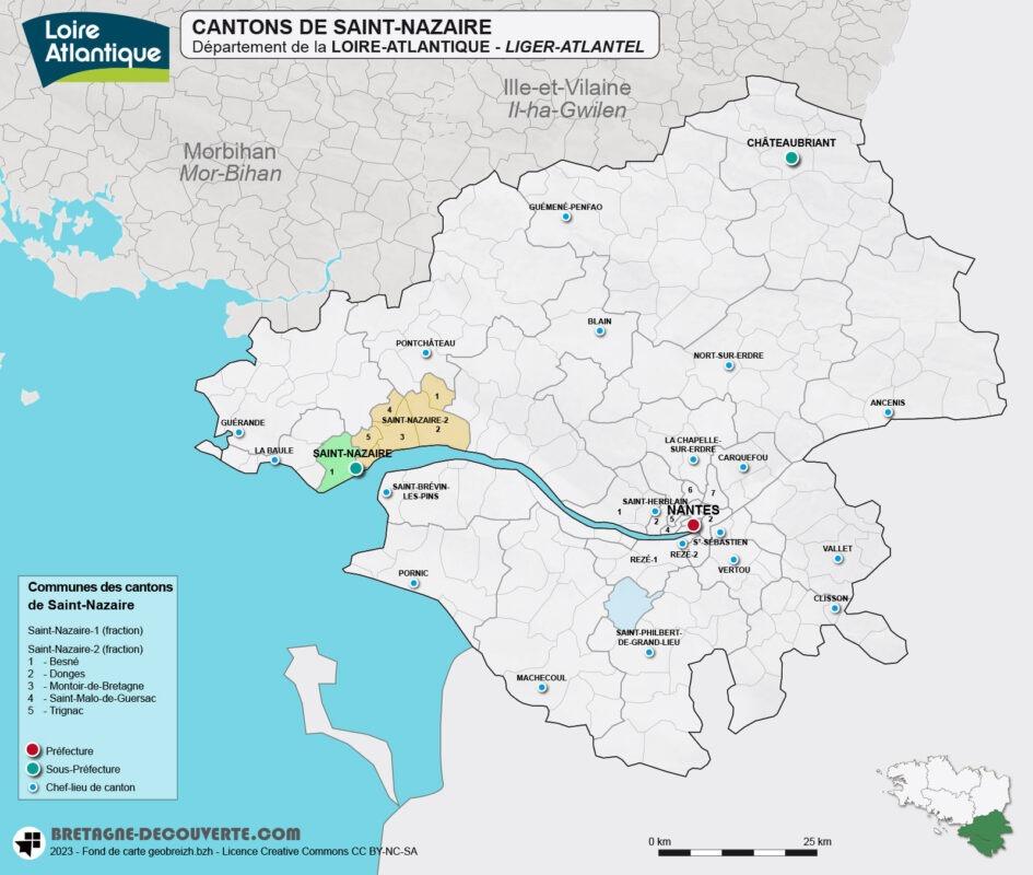 Carte des cantons de la ville de Saint-Nazairedans le département de la Loire-Atlantique