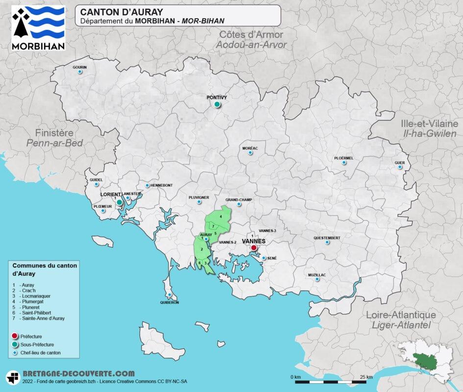 Carte du canton d'Auray dans le Morbihan