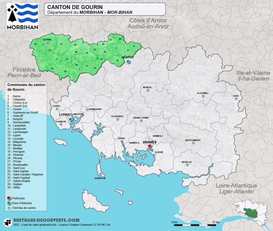 Carte du canton de Gourin dans le Morbihan