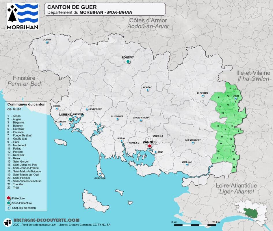 Carte du canton de Guer dans le Morbihan