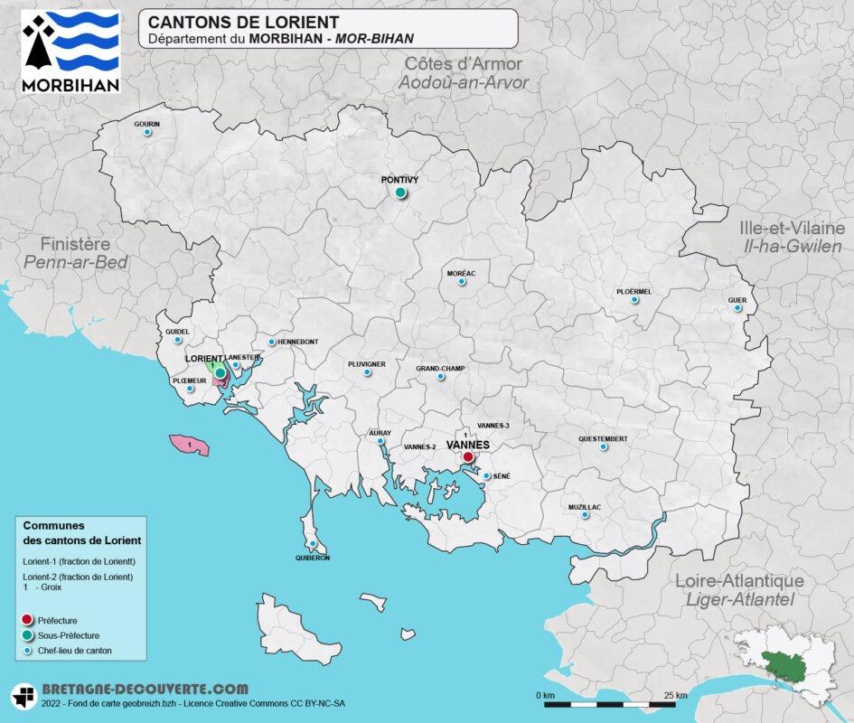 Carte des cantons de la ville de Lorient dans le Morbihan