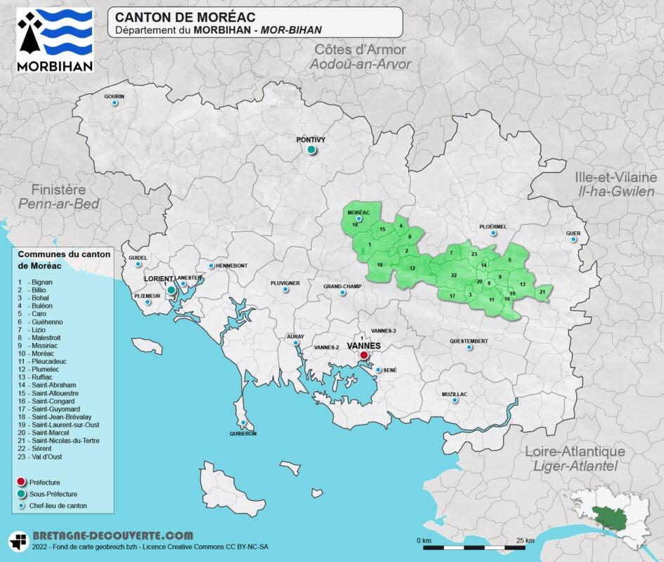 Carte du canton de Moréac dans le Morbihan