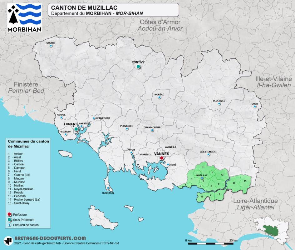 Carte du canton de Muzillac dans le Morbihan