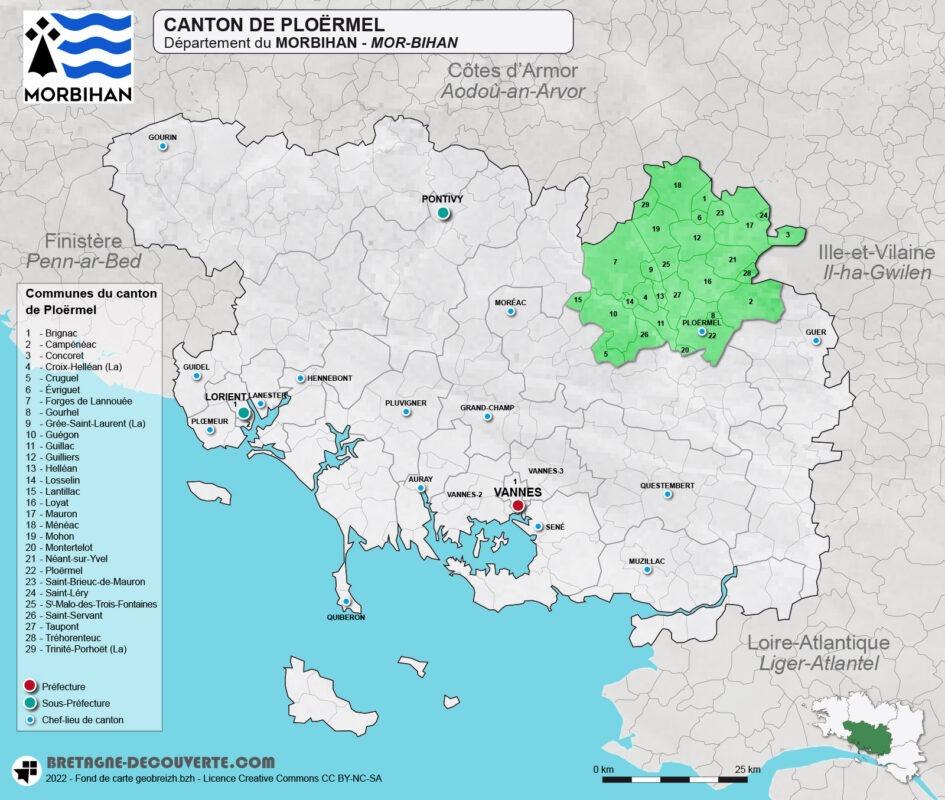 Carte du canton de Ploërmel dans le Morbihan