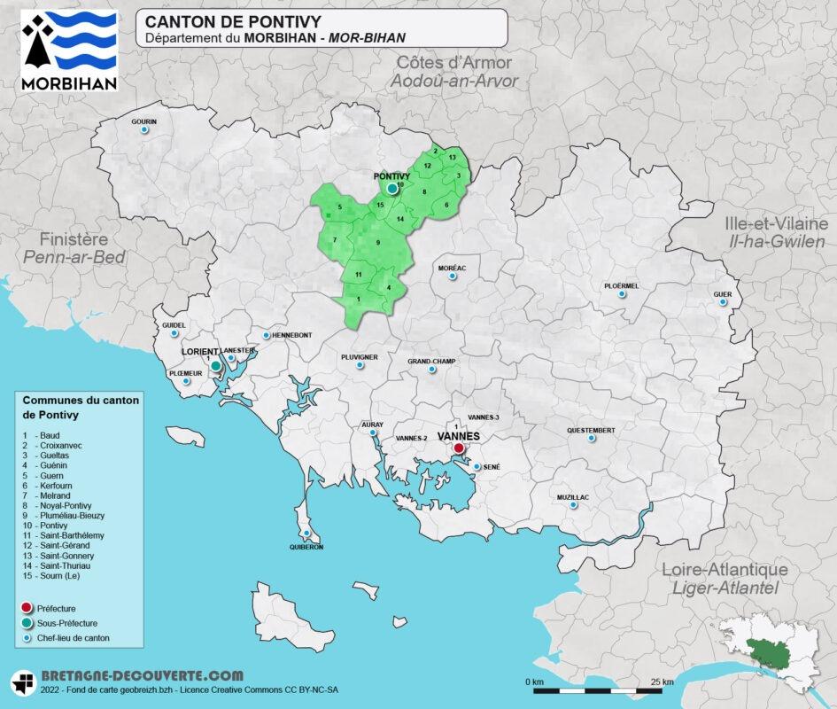 Carte du canton de Pontivy dans le Morbihan