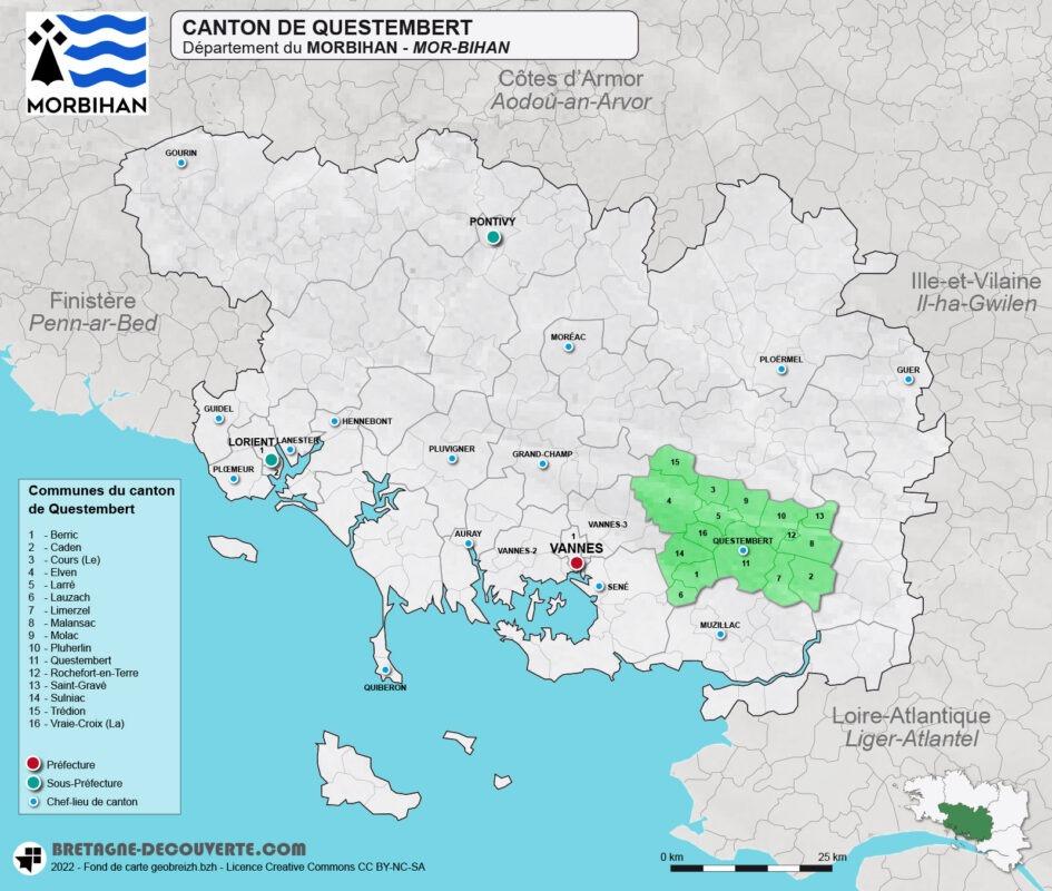 Carte du canton de Questembert dans le Morbihan