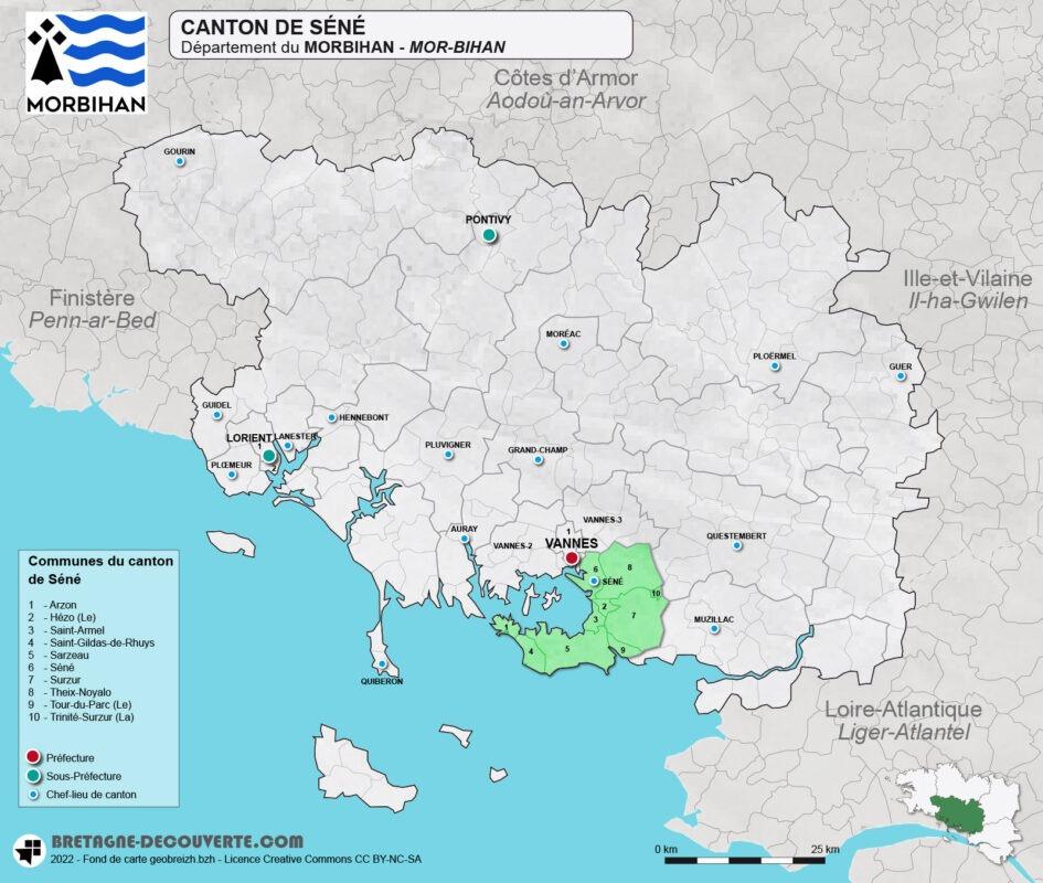 Carte du canton de Séné dans le Morbihan
