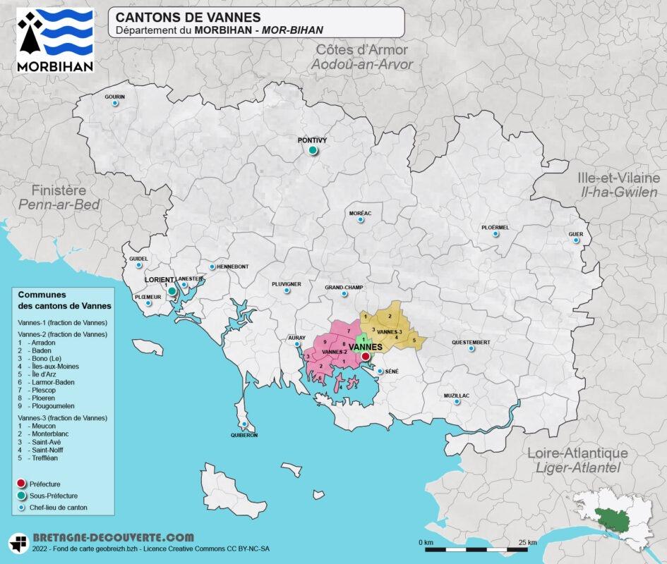 Carte des cantons de la métropole de Vannes dans le Morbihan