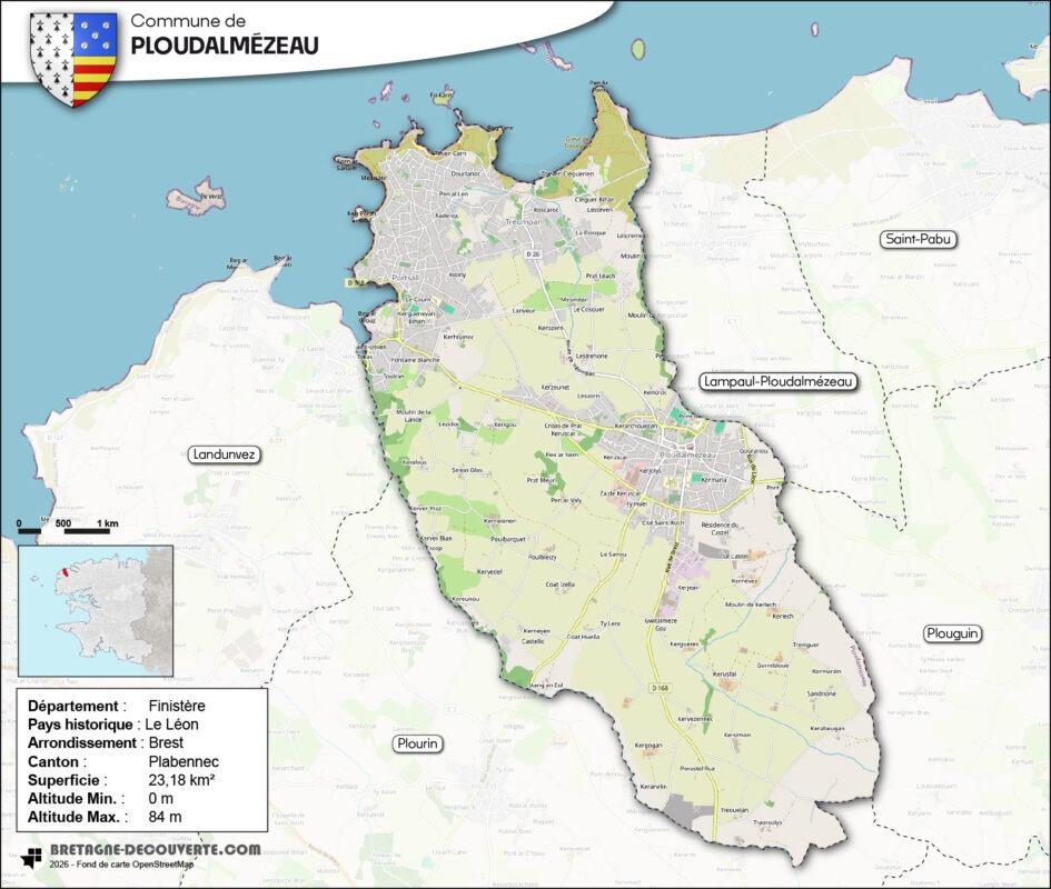 Carte de la commune de Ploudalmézeau dans le Finistère.