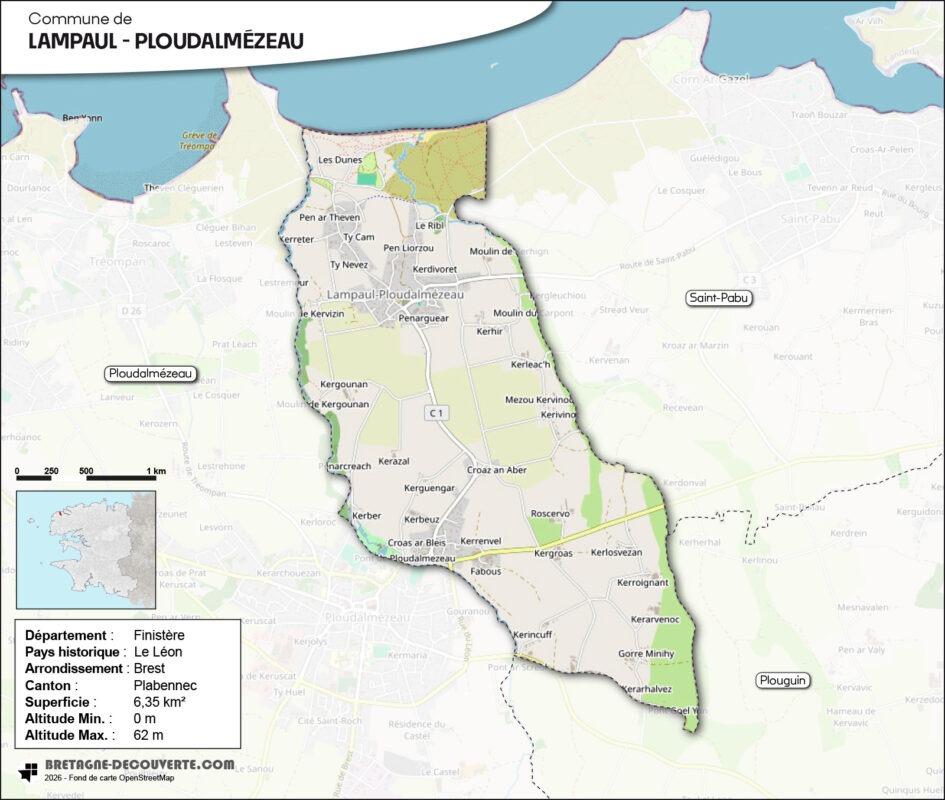 Carte de la commune de Lampaul-Ploudalmézeau dans le Finistère.