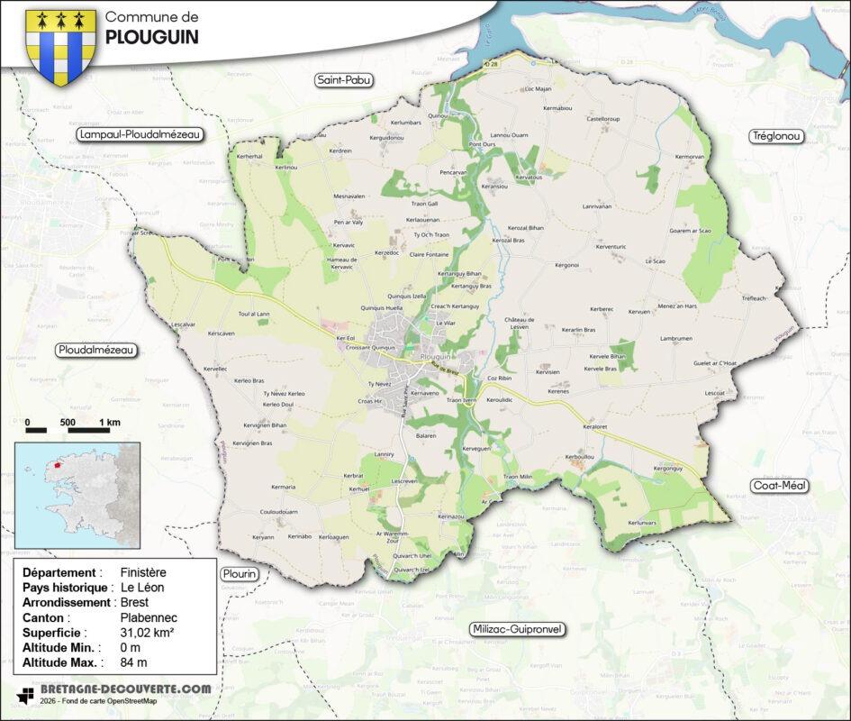 Carte de la commune de Plouguin dans le Finistère.