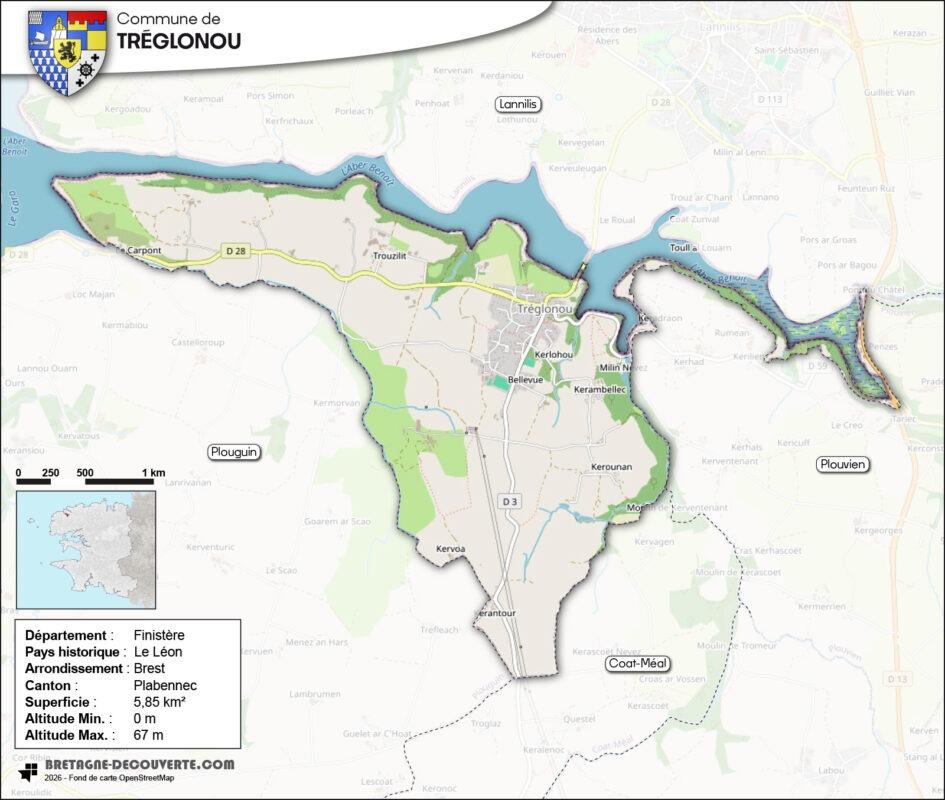 Carte de la commune de Tréglonou.