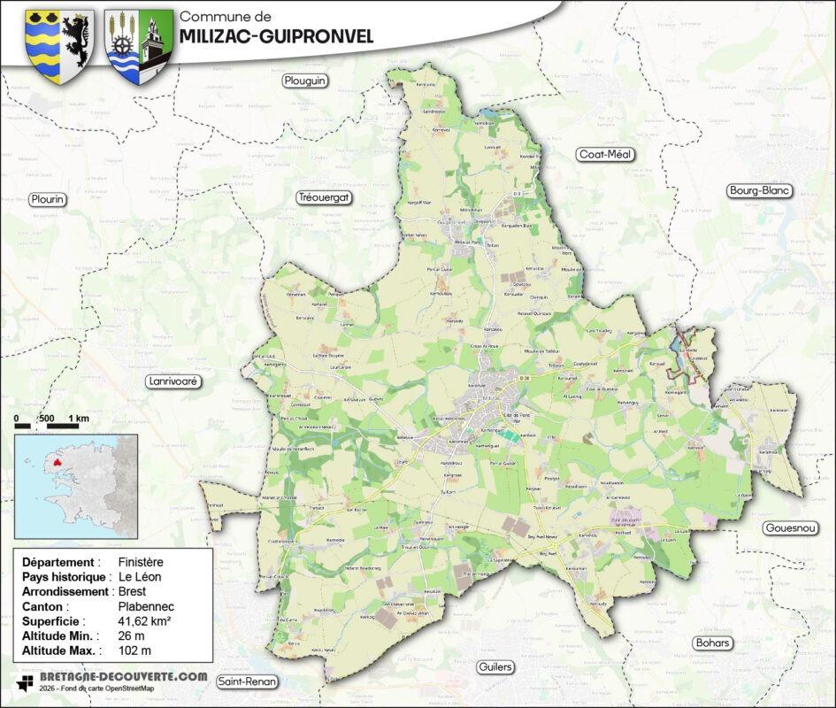 Carte de la commune de Milizac-Guipronvel.