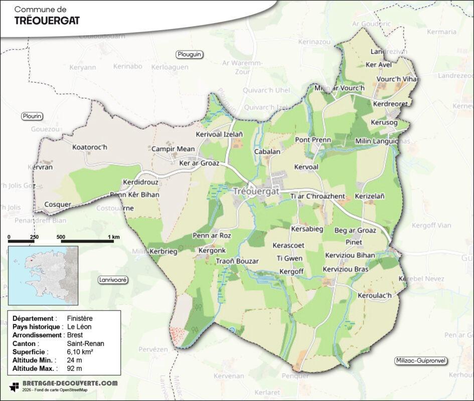 Carte de la commune de Tréouergat.