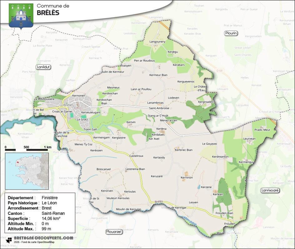 Carte de la commune de Brélès.