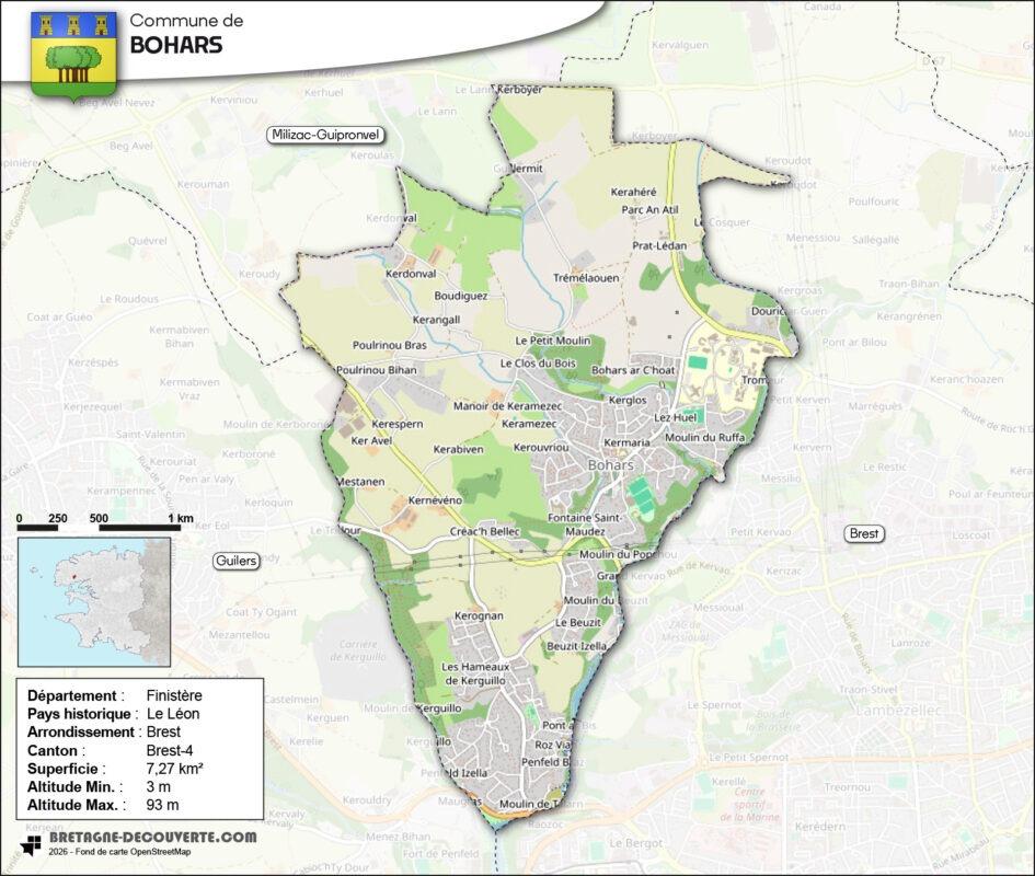 Carte de la commune de Bohars.