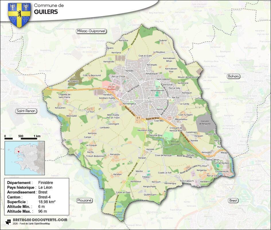 Carte de la commune de Guilers.