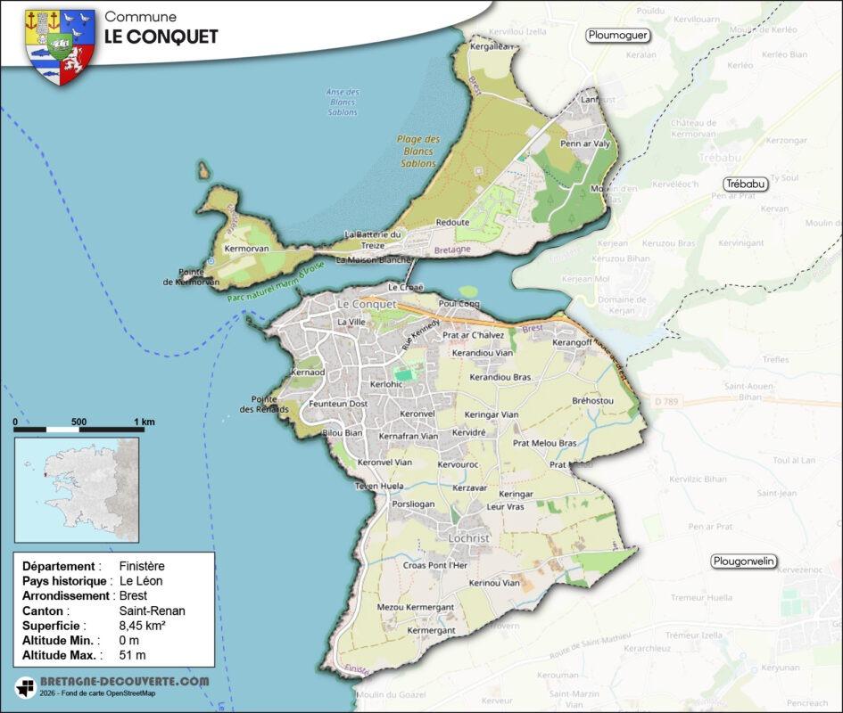 Carte de la commune du Conquet dans le Finistère.