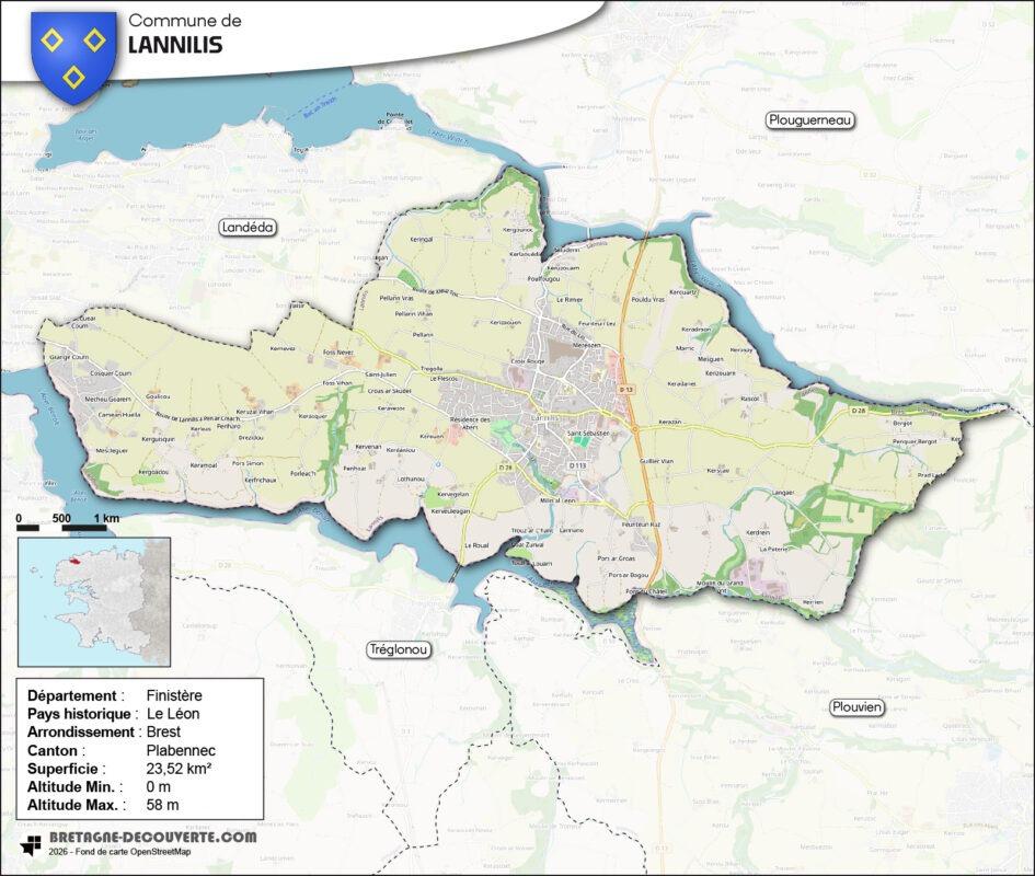 Carte de la commune de Lannilis.